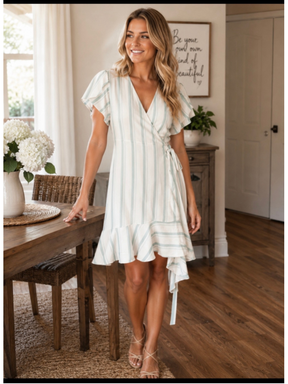 Women's Cabi White Light Blue Striped Wrap Mini Dress M